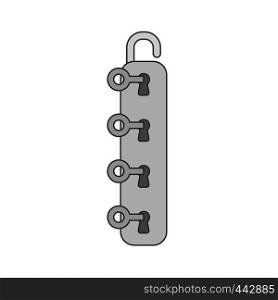 Vector illustration icon concept of four keys into four keyholes and unlock padlock. Colored and black outlines.