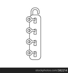 Vector illustration icon concept of four keys into four keyholes and unlock padlock. Black outlines.