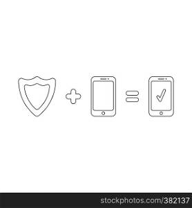 Vector illustration icon concept of guard shield protech smartphone. Black outlines.
