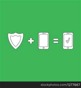 Vector illustration icon concept of guard shield protech smartphone. Black outlines, green background.