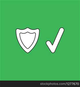 Vector illustration icon concept of guard shield with check mark. Black outlines, green background.
