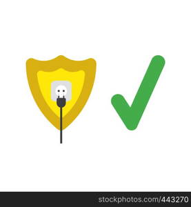 Vector illustration icon concept of guard shield with plug plugged into outlet and check mark.