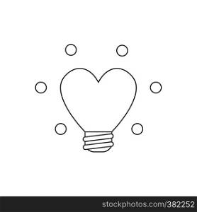 Vector illustration icon concept of heart shaped glowing light bulb. Black outlines.