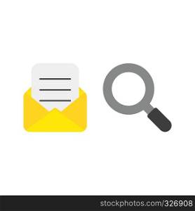 Vector illustration icon concept of mail envelope and written paper with magnifying glass.