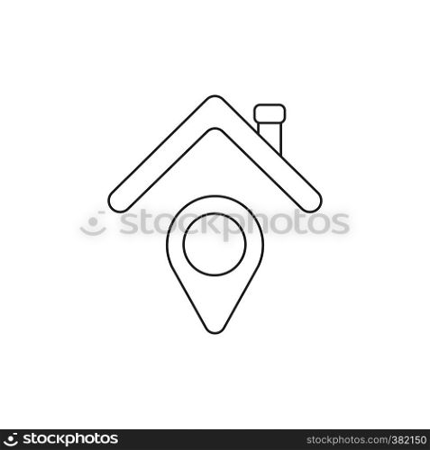 Vector illustration icon concept of map pointer under house roof. Black outlines.