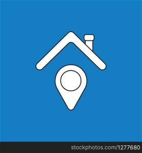 Vector illustration icon concept of map pointer under house roof. Black outlines, blue background.