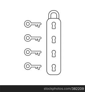 Vector illustration icon concept of padlock with four keyholes and keys. Black outlines.