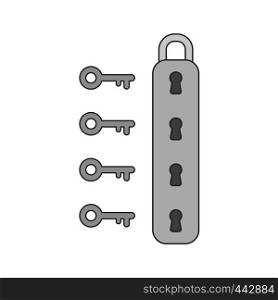 Vector illustration icon concept of padlock with four keyholes and keys. Colored and black outlines.