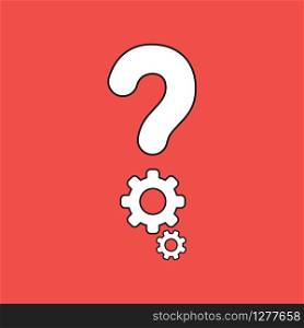 Vector illustration icon concept of question mark with gears. Black outlines, red background.