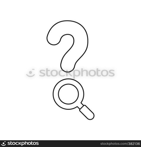 Vector illustration icon concept of question mark with magnifying glass. Black outlines.