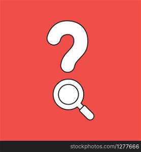 Vector illustration icon concept of question mark with magnifying glass. Black outlines, red background.