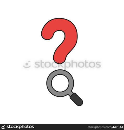 Vector illustration icon concept of question mark with magnifying glass. Colored and black outlines.