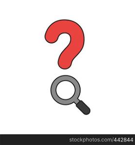 Vector illustration icon concept of question mark with magnifying glass. Colored and black outlines.