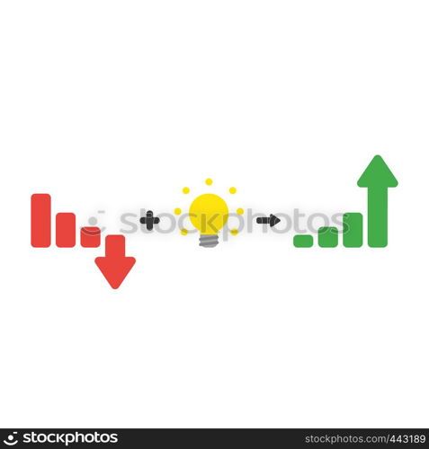 Vector illustration icon concept of sales bar graph moving down plus light bulb idea and moving up.