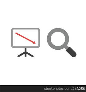 Vector illustration icon concept of sales chart arrow moving down with magnifying glass.