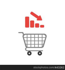 Vector illustration icon concept of shopping cart with bar graph moving down.