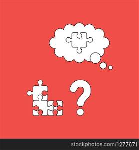 Vector illustration icon concept of three parts connected puzzle, question mark and missing puzzle piece. Black outlines, red background.