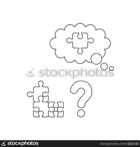 Vector illustration icon concept of three parts connected puzzle, question mark and missing puzzle piece. Black outlines.