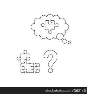 Vector illustration icon concept of three parts connected puzzle, question mark and missing puzzle piece. Black outlines.
