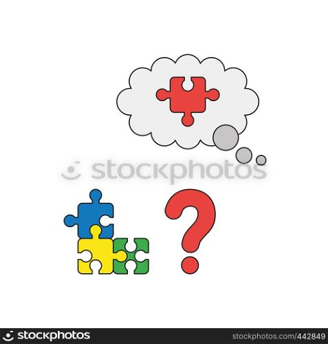 Vector illustration icon concept of three parts connected puzzle, question mark and missing puzzle piece. Colored and black outlines.