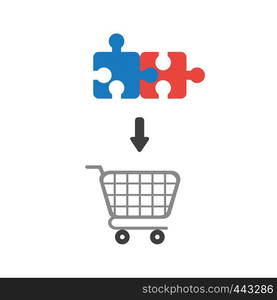 Vector illustration icon concept of two connected jigsaw puzzle pieces inside shopping cart.