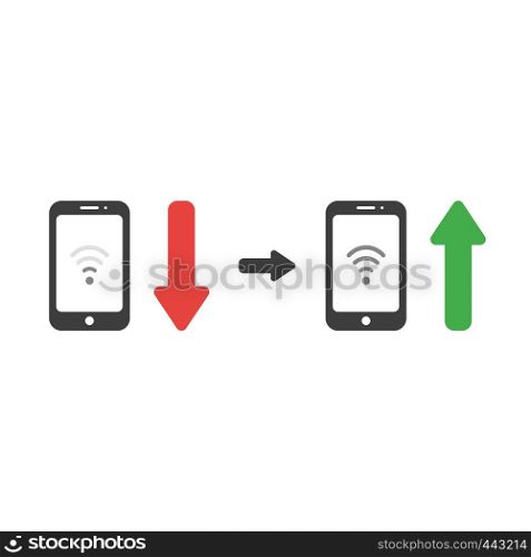 Vector illustration icon concept of wireless wifi symbol inside smartphone with arrow moving down and up.