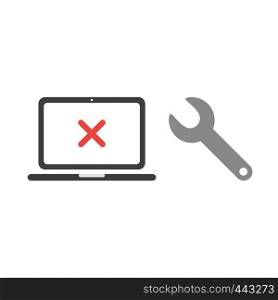 Vector illustration icon concept of x mark inside laptop computer with spanner.