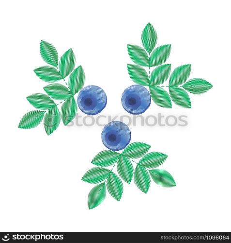 vector illustration, imitation of embroidery. blue forest summer berry with green leaves. Bilberries.. vector illustration, imitation of embroidery. blue forest summer
