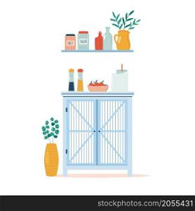 Vector illustration in a modern flat style of a well arranged, clean, tidy kitchen, cupboard and utensils.. Vector illustration in a modern flat style of a well arranged, clean, tidy kitchen and utensils.