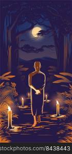 Vector illustration in Buddhism of a Theravada monk is practicing meditation in movement method in the forest at night to get rid of the passion of fear in his mind