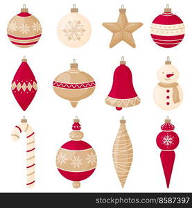 Vector illustration in cartoon style isolated on white background.. Set of red and gold Christmas tree decorations for the new year and christmas.