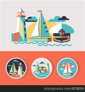 Vector illustration in flat style. Sailing boat, lighthouse, cap captain. Round vector icons.