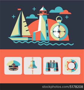 Vector illustration in flat style. Sailing boat, lighthouse, compass. Rectangular vector icons captain cap, binocular, ship bell, lifebuoy.