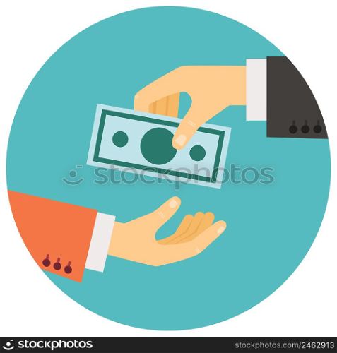 vector illustration in retro style, hand giving money to other hand