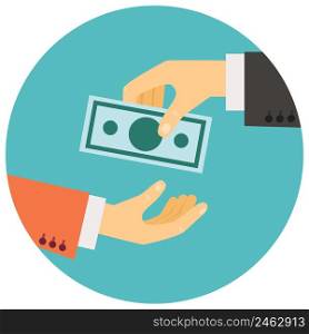vector illustration in retro style, hand giving money to other hand