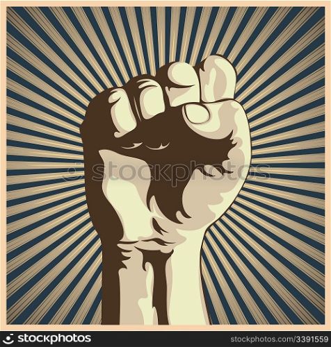 Vector illustration in retro style of a clenched fist held high in protest.