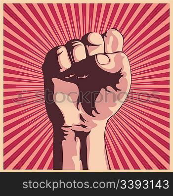 Vector illustration in retro style of a clenched fist held high in protest.