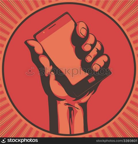 Vector illustration in retro style of a hand holding a cool modern cell phone