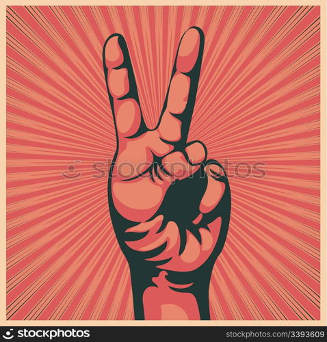 Vector illustration in retro style of a hand with victory sign