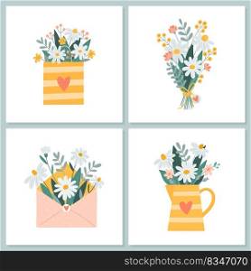 Vector illustration in simple cartoon style isolated on white background for cards for Valentine s Day, wedding, Mother s Day, birthday, etc.. A set of templates with floral bouquets of daisies and other flowers for a logo, cards or invitations.