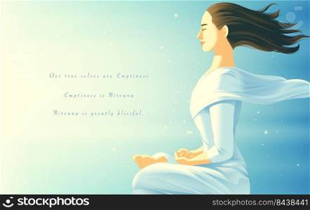 Vector illustration in Theravada Buddhism of a female layperson in practitioner suit practicing meditation in sitting pose to sweep away passions and has found out the peace in her mind