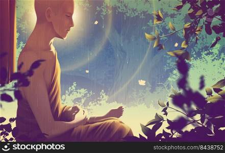 Vector illustration in Theravada Buddhism of a male monk is seeing the noble truths of the universe in his meditation