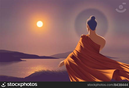 Vector illustration in Theravada Buddhism of the lord buddha standing at a cliff during sunset