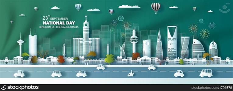 Vector illustration independence anniversary celebration nation day in Saudi arabia flag background. Travel silhouette landmarks architecture of Saudi in riyadh with origami paper art, paper cut.