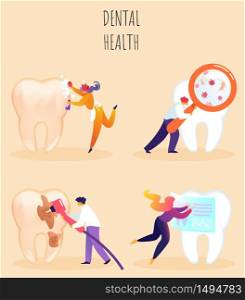 Vector Illustration Inscription Dental Health. Woman Cleans Big Tooth. Close-up Tooth, Man Examines Micro Glass with Podavilivitelnym Glass. Male Dentist Seals Broken Tooth Cartoon.