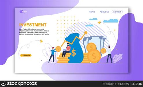 Vector Illustration Inscription Investment Flat. Man is Sitting on Gold Coins with Laptop in Hand. Managers Add Up Money with Dollar Sign. Investment in Profitable Project. Landing Page.