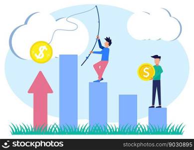 Vector illustration, investment management, businessman building a business from scratch and investing cash profits, career advancement towards success, flat color icon, business analysis.
