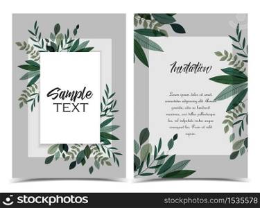 Vector illustration invitation card template with branches and leaf decoration. Set of greeting cards. Branches and leaf