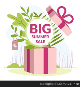 Vector Illustration is Written Big Summer Sale. Favorable Conditions for Acquisition Goods on Sale. Closeup Big Gift Box. Layout Color Paper Card. Nice Discounts on Large Home Appliances.