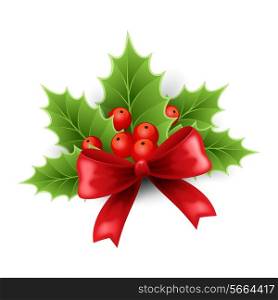 Vector illustration isolated realistic Christmas holly and red bow. EPS 10